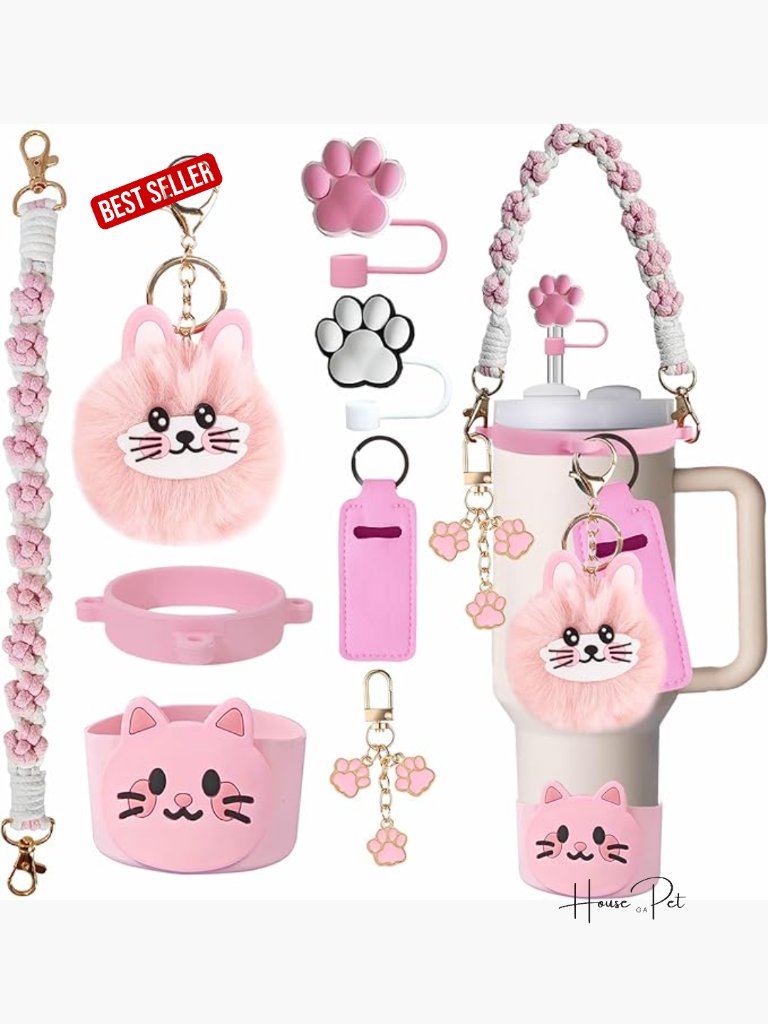 8pc Cat Themed Tumbler Accessories Set - Silicone Boot & Straw Topper